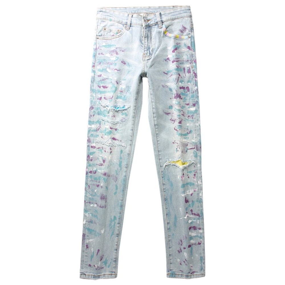 Quality Light Blue Painted Designer Ripped Jeans